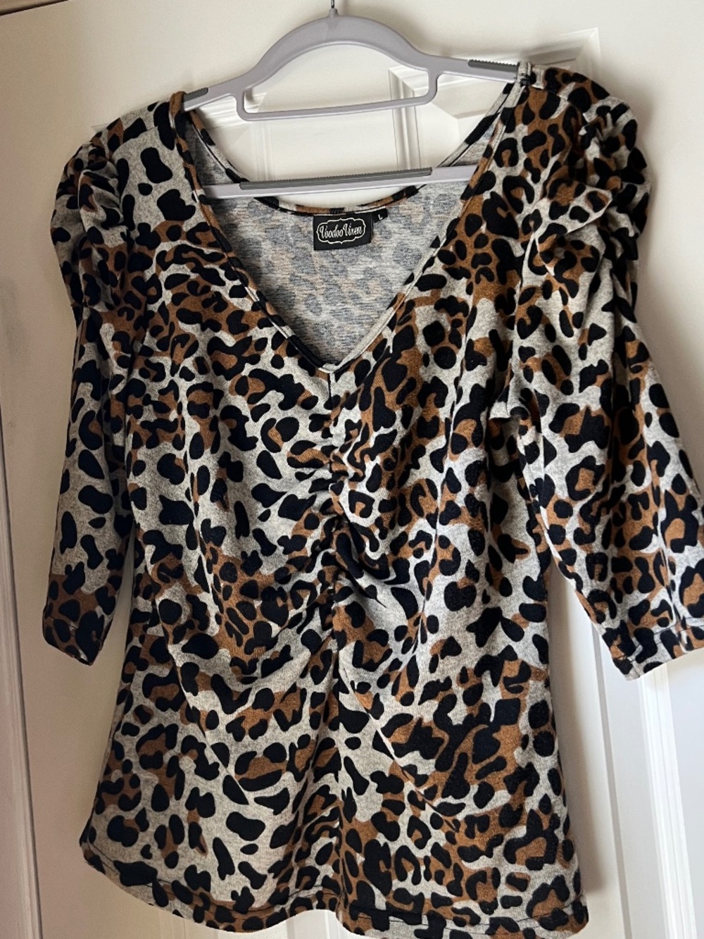 Voodoo Vixen Leopard Print Top Von Teese Curve Ruched Shoulder & Front Bodice L - Picture 8 of 9